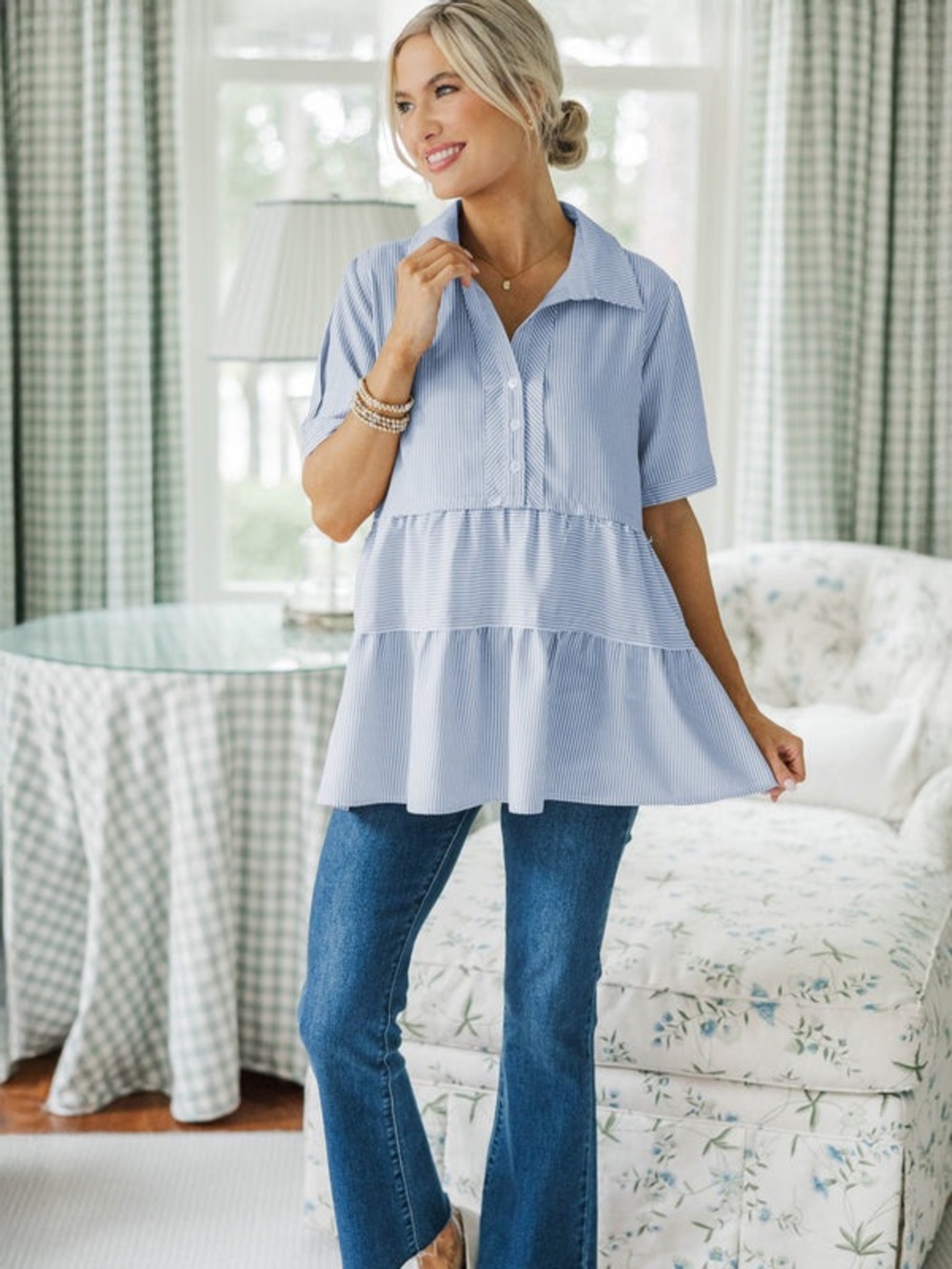 Shop the Mint Light Blue Pin Striped Tiered Collar Blouse - Women's Nursing Top